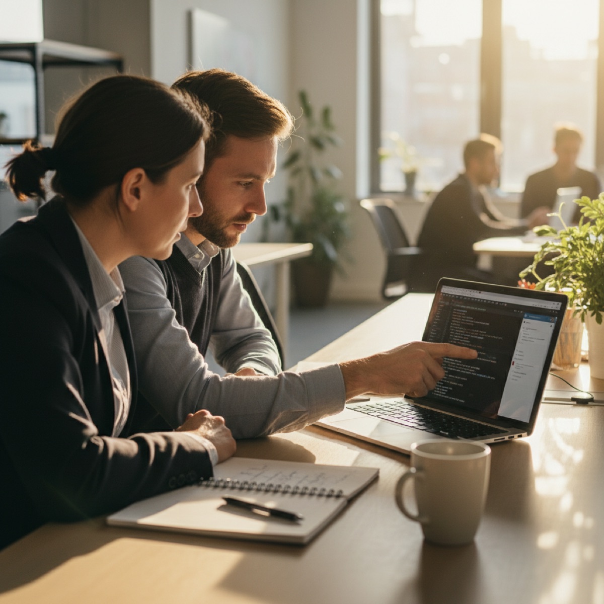 A product manager and engineer reviewing a feature file together at a laptop
