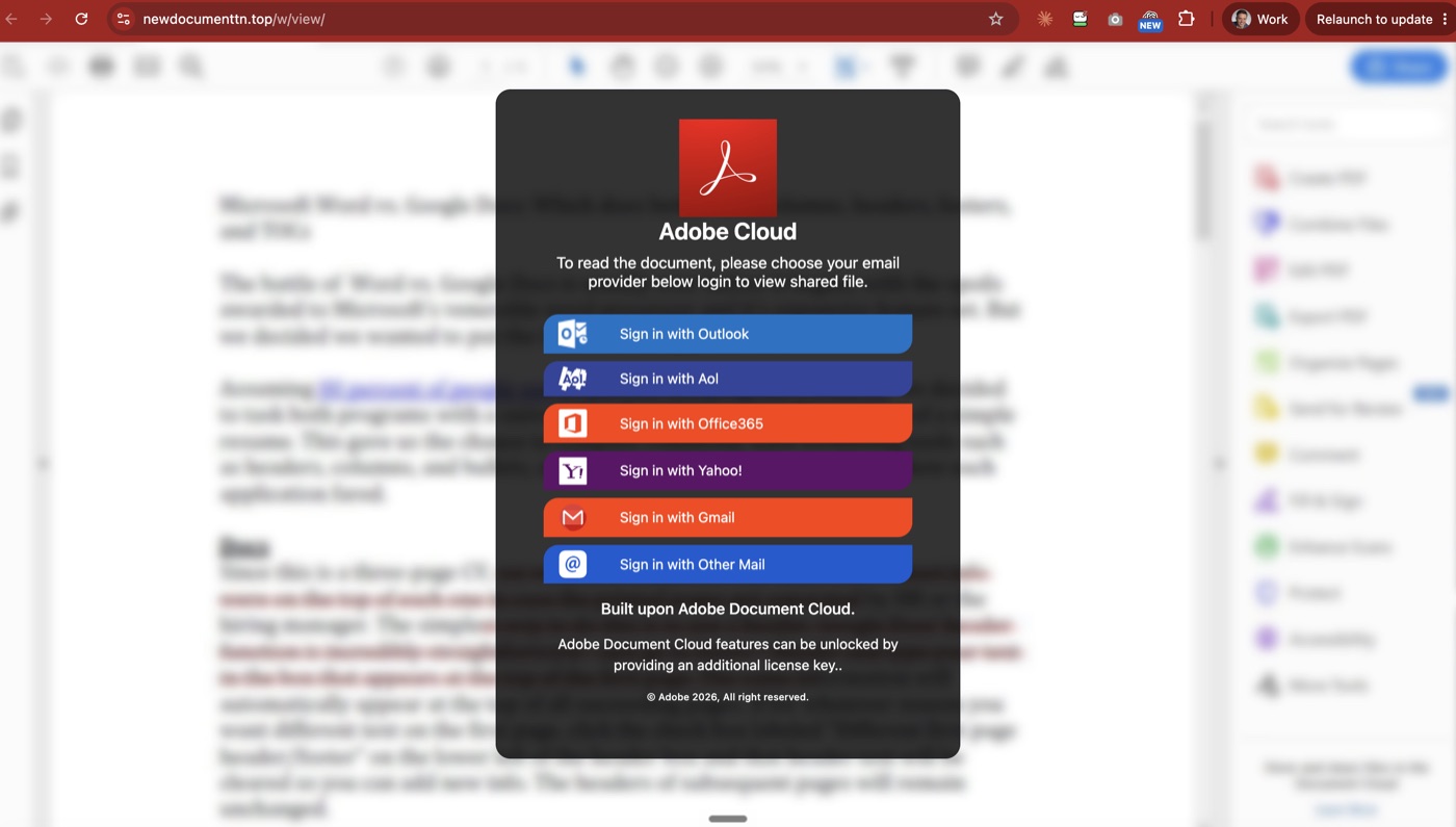 A fake Adobe Cloud overlay over a blurred document, asking the visitor to sign in with Outlook, AOL, Office365, Yahoo, Gmail or other mail