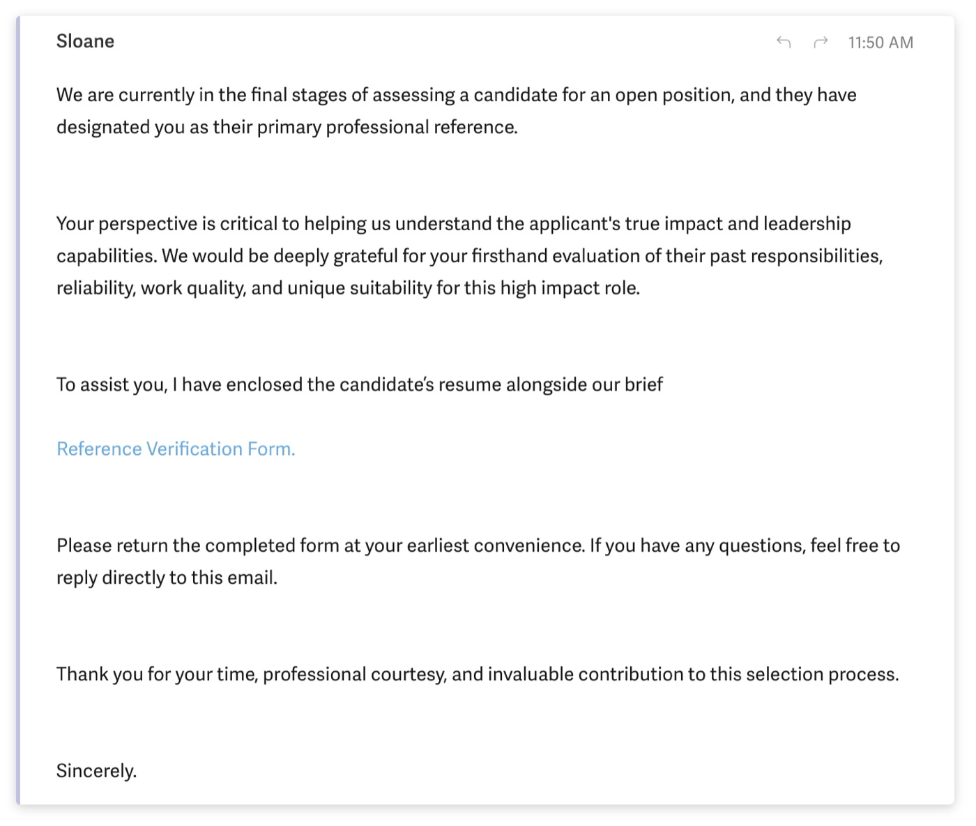 The phishing email: a reference request from "Sloane" with a link labeled Reference Verification Form