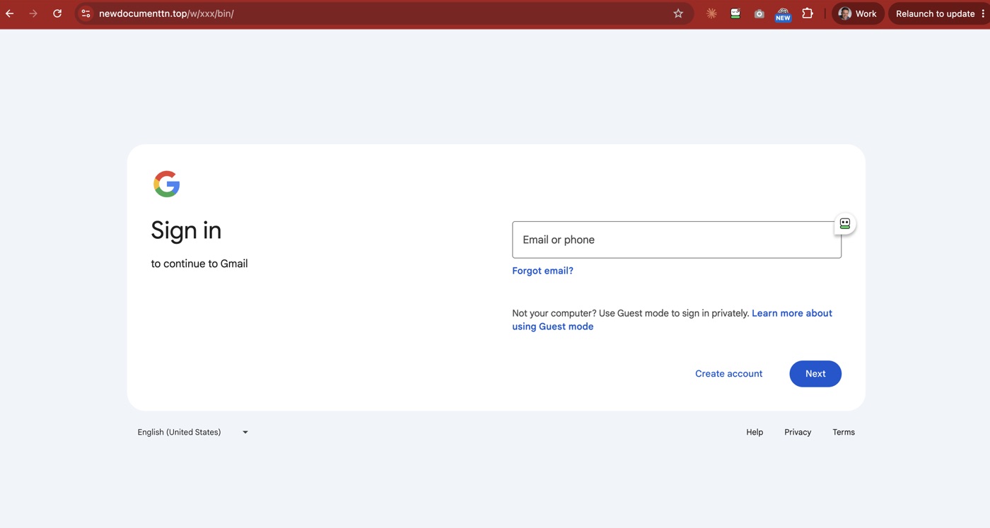 A pixel-perfect copy of the Google sign-in page, hosted on newdocumenttn.top