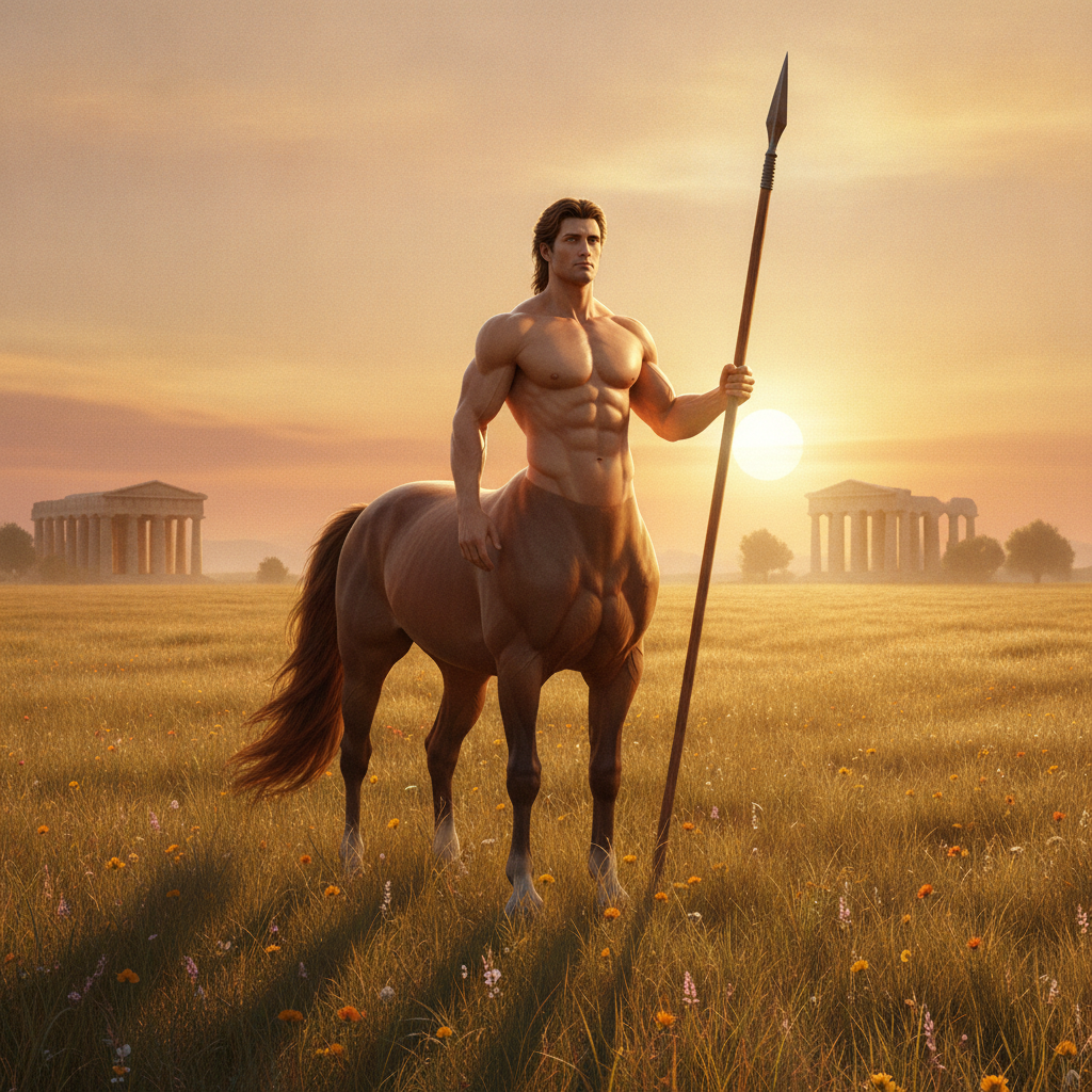 A mythological centaur standing tall in a golden field: a human torso and head rising from a powerful horse body.