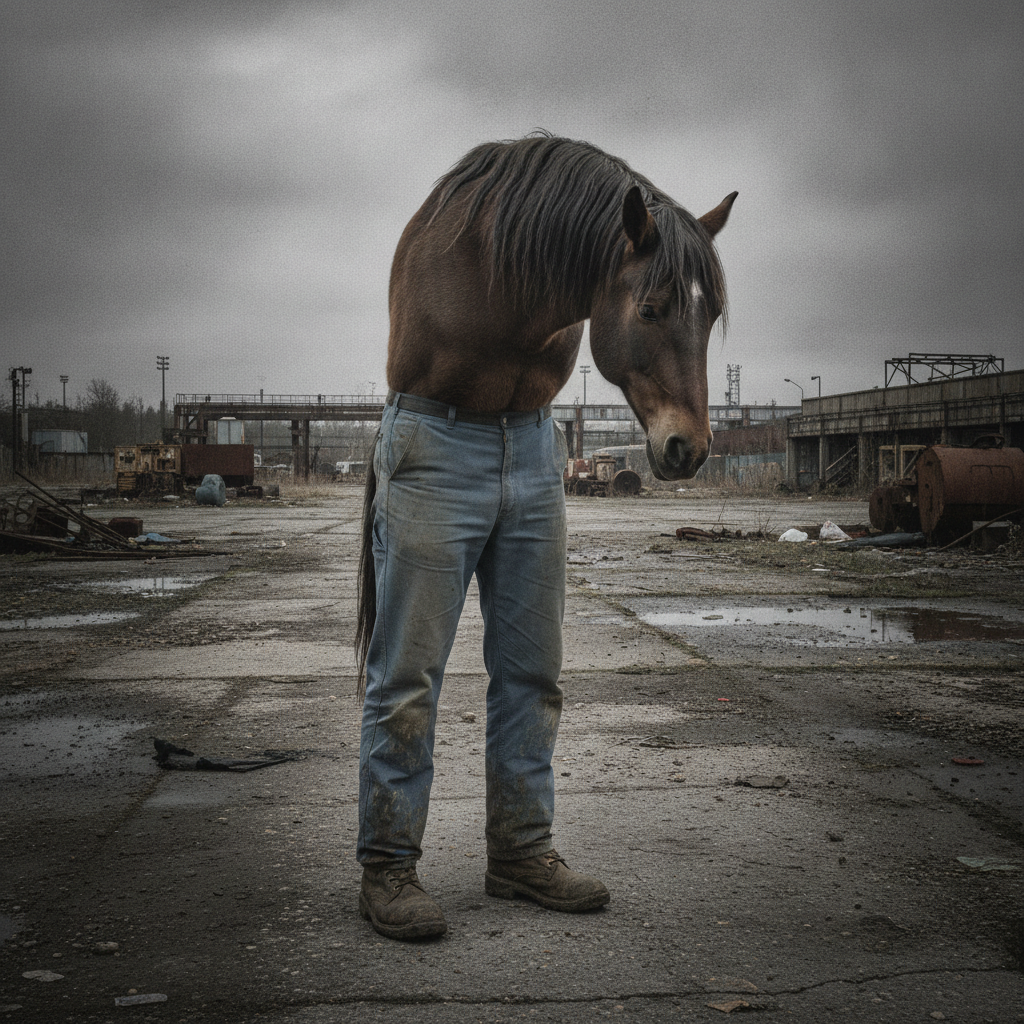 A reverse centaur: a horse's head and torso on top of human legs in work boots, slumped in a bleak industrial lot.